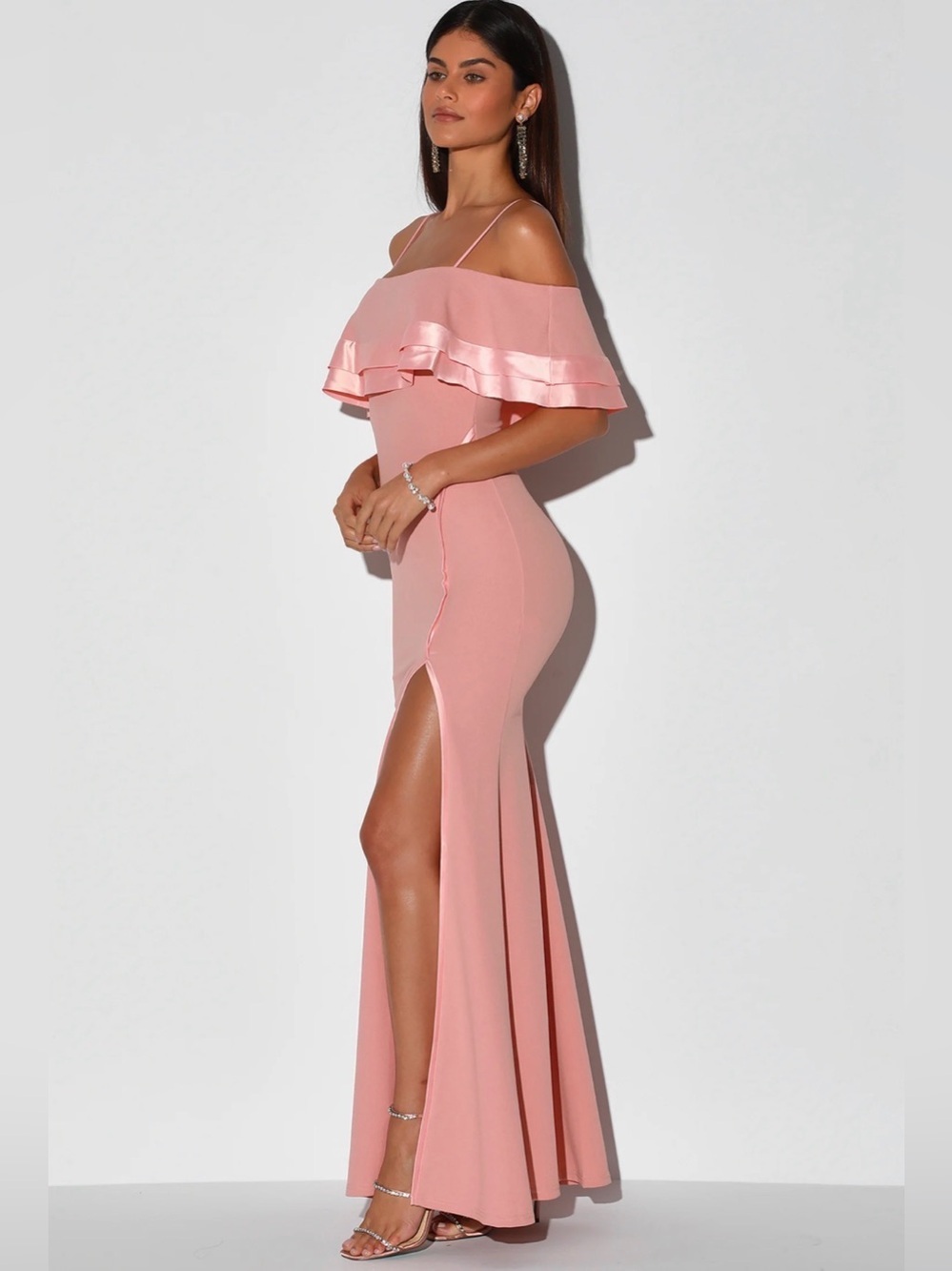 NWT Lulus Deeply Loved Dusty Pink Ruffled Off the Shoulder Maxi Dress Size XS